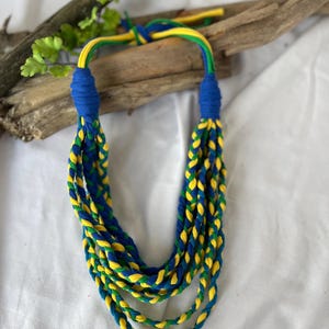 Green, Blue & Yellow Fabric Necklace/ T-Shirt Necklace/ Boho Jewelry/ Upcycled/ Recycled/ Statement Jewelry