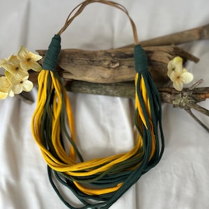 Gold & Greens T-Shirt Necklace/ Fabric Necklace/ Boho Jewelry/ Upcycled/ Recycled/ Statement Jewelry