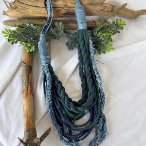 Blue, Green & Denim Braided T-Shirt Necklace/ Fabric Necklace/ Boho Jewelry/ Upcycled/ Recycled/ Statement Jewelry