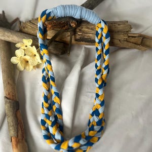 Blue & Gold Braided T-Shirt Necklace/ Fabric Necklace/ Boho Jewelry/ Upcycled/ Recycled/ Statement Jewelry
