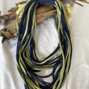 Green, Blue & Gray T-Shirt Necklace/ Fabric Necklace/ Boho Jewelry/ Upcycled/ Recycled/ Statement Jewelry