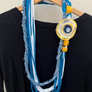 Blue, Yellow & Denim Fabric Necklace/ T-Shirt Necklace/ Boho Jewelry/ Upcycled/ Recycled/ Statement Jewelry