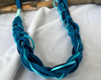 Blue & Aqua Fabric Necklace/ T-Shirt Necklace/ Boho Jewelry/ Upcycled/ Recycled/ Statement Jewelry
