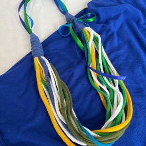Blue, Green & Gold T-Shirt Necklace/ Fabric Necklace/ Boho Jewelry/ Upcycled/ Recycled/ Statement Jewelry
