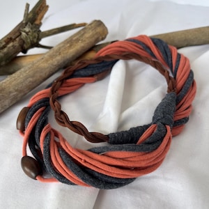 Melon & Gray Fabric Necklace/ T-Shirt Necklace/ Boho Jewelry/ Upcycled/ Recycled/ Statement Jewelry