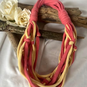 Melon & Yellow T-Shirt Necklace/ Fabric Necklace/ Boho Jewelry/ Upcycled/ Recycled/ Statement Jewelry