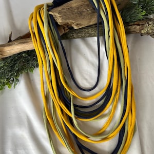 Blue, Gold & Sage T-Shirt Necklace/ Fabric Necklace/ Boho Jewelry/ Upcycled/ Recycled/ Statement Jewelry