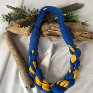 Blue & Gold Twist T-Shirt Necklace/ Fabric Necklace/ Boho Jewelry/ Upcycled/ Recycled/ Statement Jewelry