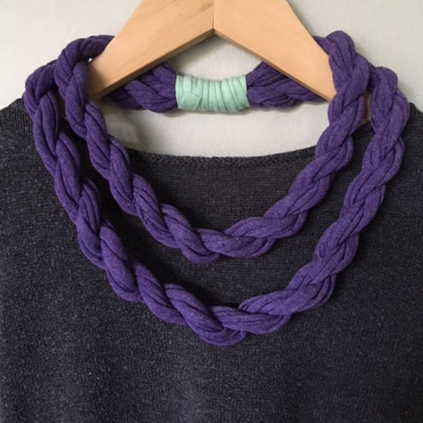 Purple & Turquoise T-Shirt Necklace/ Fabric Necklace/ Boho Jewelry/ Upcycled/ Recycled/ Statement Jewelry