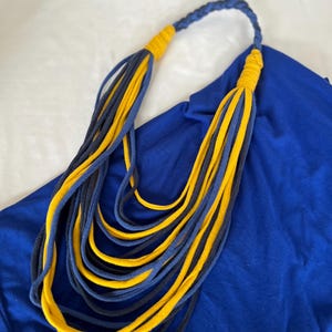 Blues & Gold T-Shirt Necklace/ Fabric Necklace/ Boho Jewelry/ Upcycled/ Recycled/ Statement Jewelry