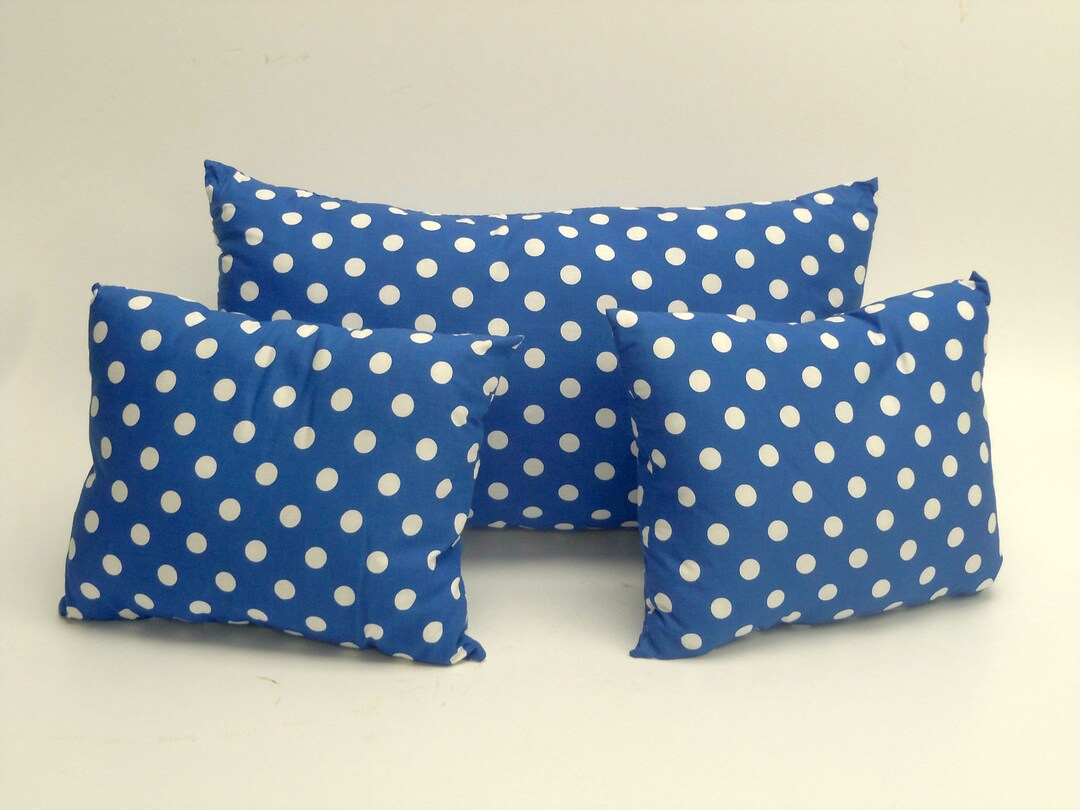 Decorative Bed Pillow Set, Blue Cotton, Three Pillows, White Dots