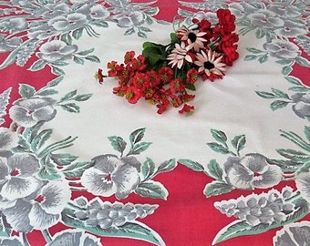 Vintage Red Flower Tablecloth {Retro Colors} Small Square Spring Summer Bright Flower Rick Rack Edge Table Cloth Card Table Picnic Christmas