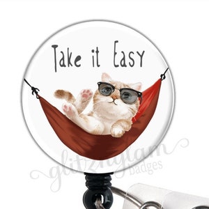 Cool Cat Take it Easy Badge Holder, Tropical Badge Name Tag, Funny Cat Badge Reel, Cat Badge Holder, Cat Retractable Badge Reel - GG5560