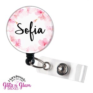 Flower Retractable Badge Reel, Personalized ID Badge Holder, Customized Floral Badge Reel, Swivel, Slide, Carabiner Clip, Lanyard - GG5029