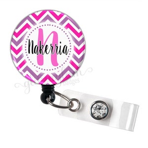 Monogram Badge Holder Reel, Personalized Chevron Badge Holder, Chevron Badge Reel, Pink Retractable Badge Reel, Custom Badge Reel - GG2007