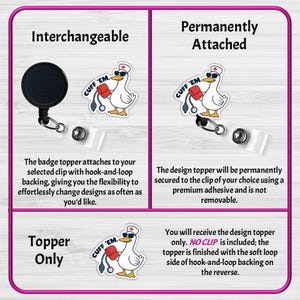 May include: A white badge topper with a duck wearing sunglasses and a nurse's hat, holding a medical bag and stethoscope. The text "CUFF 'EM" is on the bag. The topper is available as interchangeable or permanently attached.