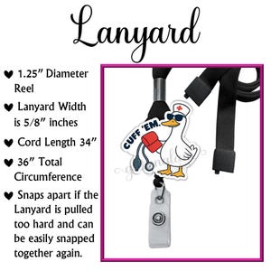 May include: Black lanyard with a white and blue graphic of a duck wearing sunglasses and a nurse's hat, holding a blood pressure cuff. The lanyard has a 1.25" diameter reel, is 5/8" wide, and has a 34" cord.