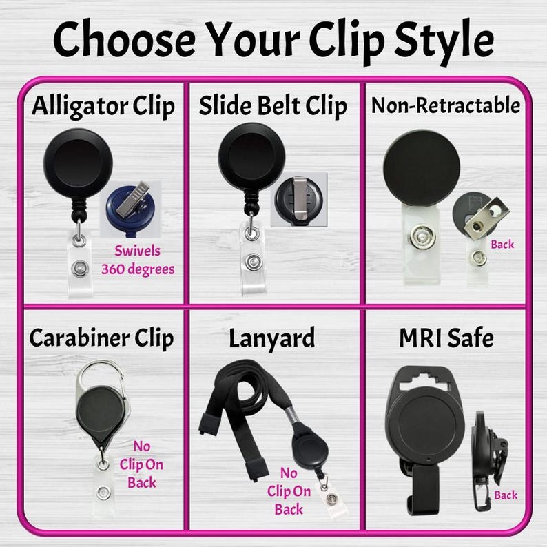 May include: Image showcasing six different clip styles: Alligator Clip, Slide Belt Clip, Non-Retractable, Carabiner Clip, Lanyard, and MRI Safe. Each style is displayed with a detailed view, including the back of the clip. Text at the top reads "Choose Your Clip Style."