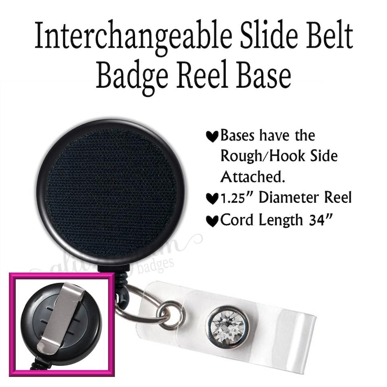 May include: Black badge reel base with a 1.25-inch diameter reel and a 34-inch cord. The base has a rough/hook side attached. The image also shows a clear badge holder with a rhinestone accent and a metal clip.