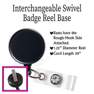 May include: Black interchangeable swivel badge reel base with a 1.25" diameter reel and a 34" cord. The base has a rough/hook side attached. The image also shows a close-up of the clip and a badge holder with a crystal.