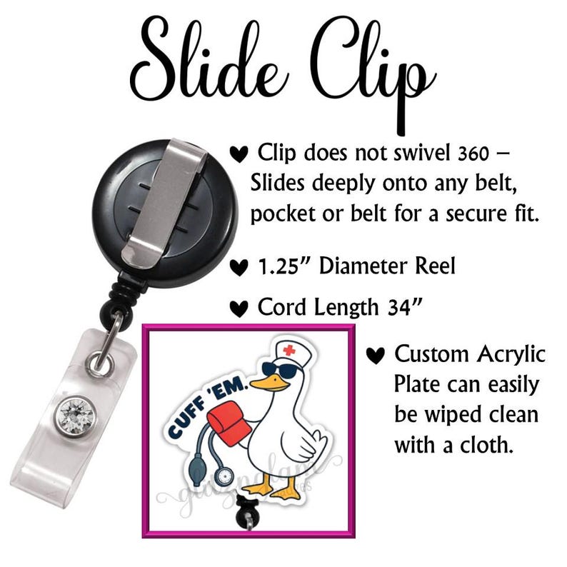 May include: A black slide clip badge reel with a clear plastic strap and a decorative acrylic plate. The plate features a cartoon duck wearing sunglasses and a nurse's hat, holding a blood pressure cuff. The text "CUFF 'EM" is also on the plate.
