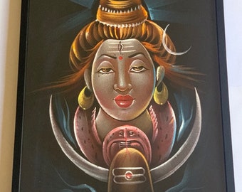 Shiva - Hand Painted in Blue, Pink & Orange on Velvet - Framed Painting