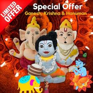 Hindu Gods Ganesh, Hanuman & Krishna Plush Bundle - Soft Toys of by Plush India Official
