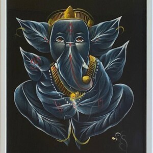 Large framed Ganesh Blue & Gold Canvas Painting - original hand painted art on a Velvet background, 16” x 20” White