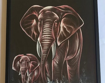 Elephants - Hand Painted in Pink & White on Velvet - Framed Painting
