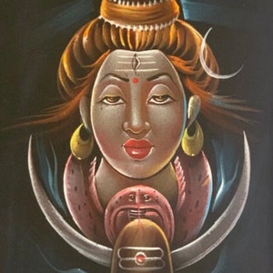 Large framed Shiva Canvas Painting - original hand painted art on a Velvet background, 16” x 20”, Black