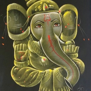 Large framed Ganesh Yellow & Green Canvas Painting - original hand painted art on a Velvet background, 16” x 20”, Black