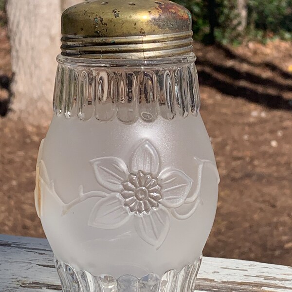 Antique Victorian Sugar Shaker , Two Tones of Embossed Glass Flowers and Leaves  1900s