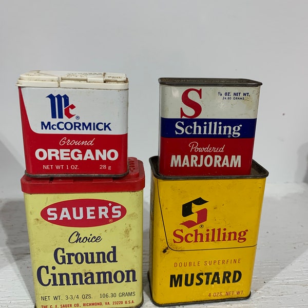 Vintage tins for kitchy kitchen vignettes, Mustard, Cinnamon, Oregano, Marjoram. Also use as base for Halloween or Christmas assemblages.