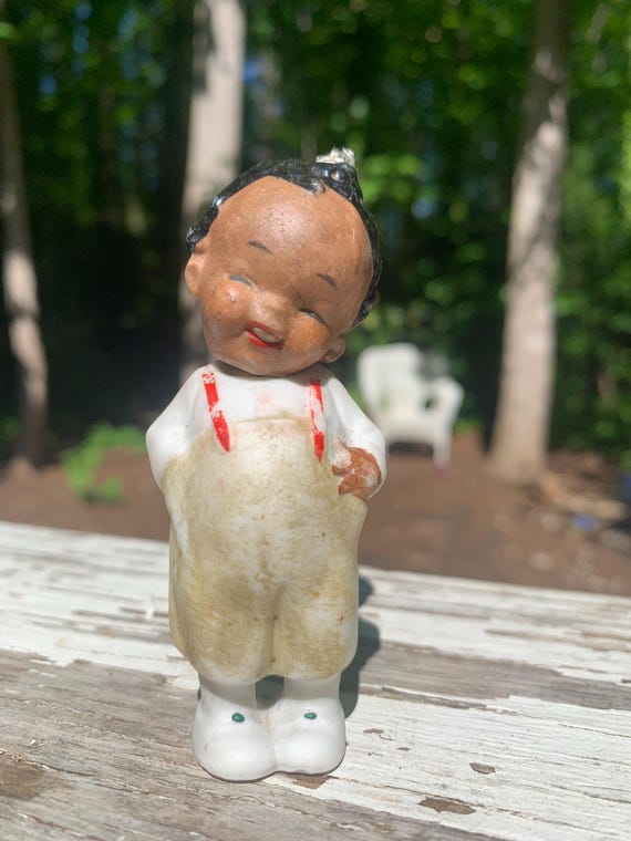 Very Rare Antique Bisque African American Nodder Doll In Overalls made in Germany late 1800s- 1910s, hair line cracks on head check pictures