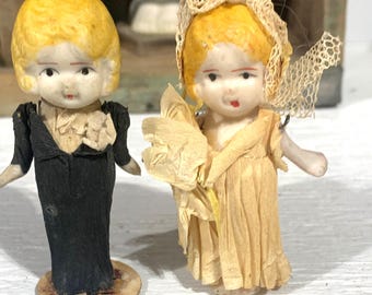 Vintage Bisque Bride and Groom Dolls: 1920s Japan Crepe Paper Clothes