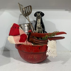 Vignette in a Box, Instant Vintage Vignette, Antique Crock Pottery Bowl, Vintage spatulas, sifter, potato plus masher, dollie, and Dog Bank.