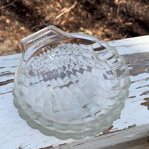 May include: A clear glass seashell dish with a ribbed texture. The dish is empty and sitting on a white surface.