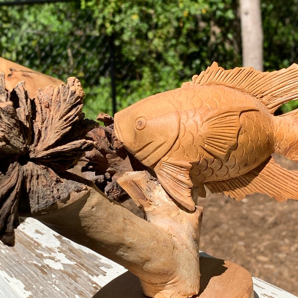 Vintage carved fish with burl knot caused by Parasitic Plant that causes the mushroomlike growth. Form on Chinaberry trees.  Carved in Bali