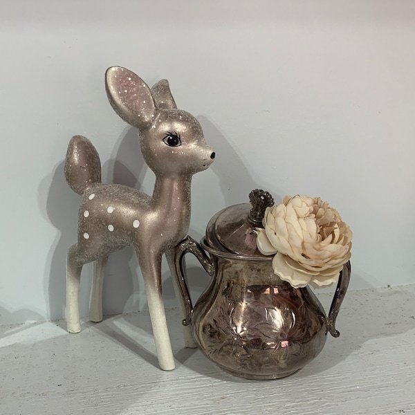 Instant Inexpensive Vintage Vignette, Instant Vintage Vignette, Silver/silver plate Sugar Bowl Tarnished and a Modern Deer, for one price.
