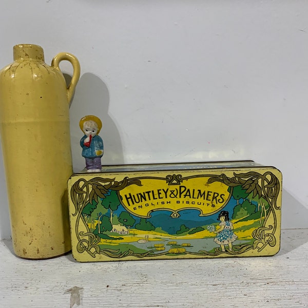 Vignette in a Box Huntley and Palmer Biscuit Tin stamped France from a flea market in France Vintage? Antique? Stoneware Bottle, Bisque Doll