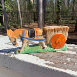 Vintage 1950’s Made in Japan Donkey And Cart Toothpick Holder, Planter, Stand Alone Decor, app. 3 1/2 inches tall, 6 long