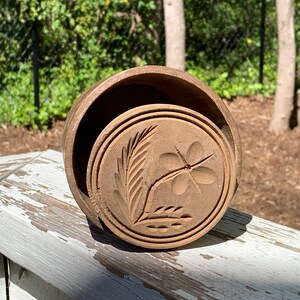 Antique Butter Mold with flower imprint Early 1900s. Damaged one side handle, dog thought it was a bone??? Piece of HISTORY