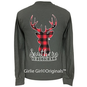 Girlie Girl Originals Plaid Deer Charcoal Long Sleeve T-Shirt