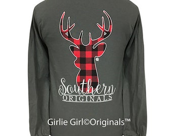 Girlie Girl Originals Plaid Deer Charcoal Long Sleeve T-Shirt