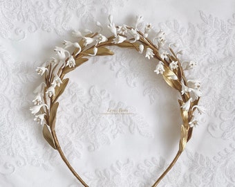 LILY OF the VALLEY bridal headpiece. Bridal floral crown. Gold bridal headpiece. Bridal headpiece. Bridal wreath.