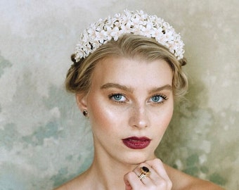 Coiffe de mariée en fleur d'oranger ROSALIND. Bandeau nuptial. Couronne nuptiale. Casque floral de mariage