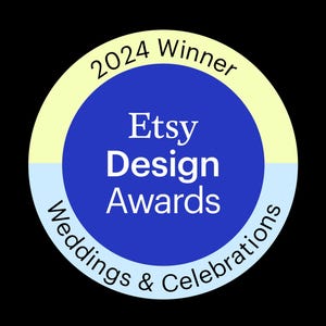 May include: A blue and yellow circle with the text "2024 Winner Etsy Design Awards Weddings & Celebrations"