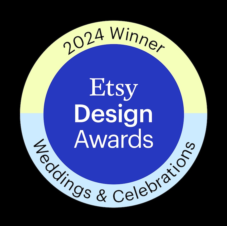 May include: A blue and yellow circle with the text "2024 Winner Etsy Design Awards Weddings & Celebrations"