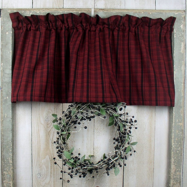 COUNTRY RED and BLACK Plaid Homespun Valances Tiers and Runners Country Curtains Primitive Cabin Summer Kitchen Valances French Country