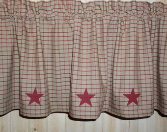Navy Stars on Windowpane Homespun Valance Tiers and Runners Kitchen or Cabin Decor Primitive Country Curtains Barn Star Valances Curtains